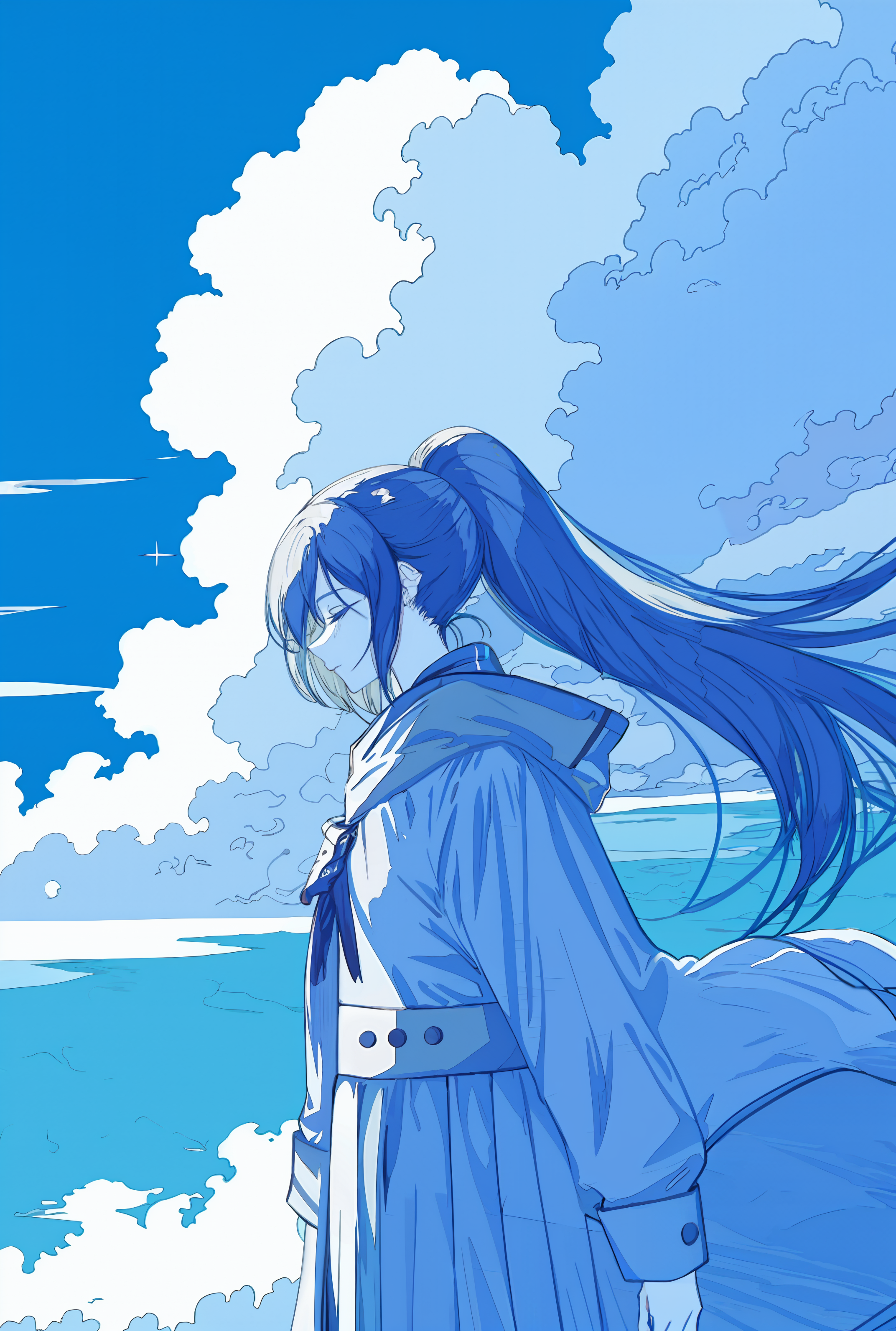 1238429-2165184425-1girl, solo, long hair, cloud, blue theme, sky, profile, sparkle, long sleeves, dress, floating hair, ponytail, braid, monochrom.png